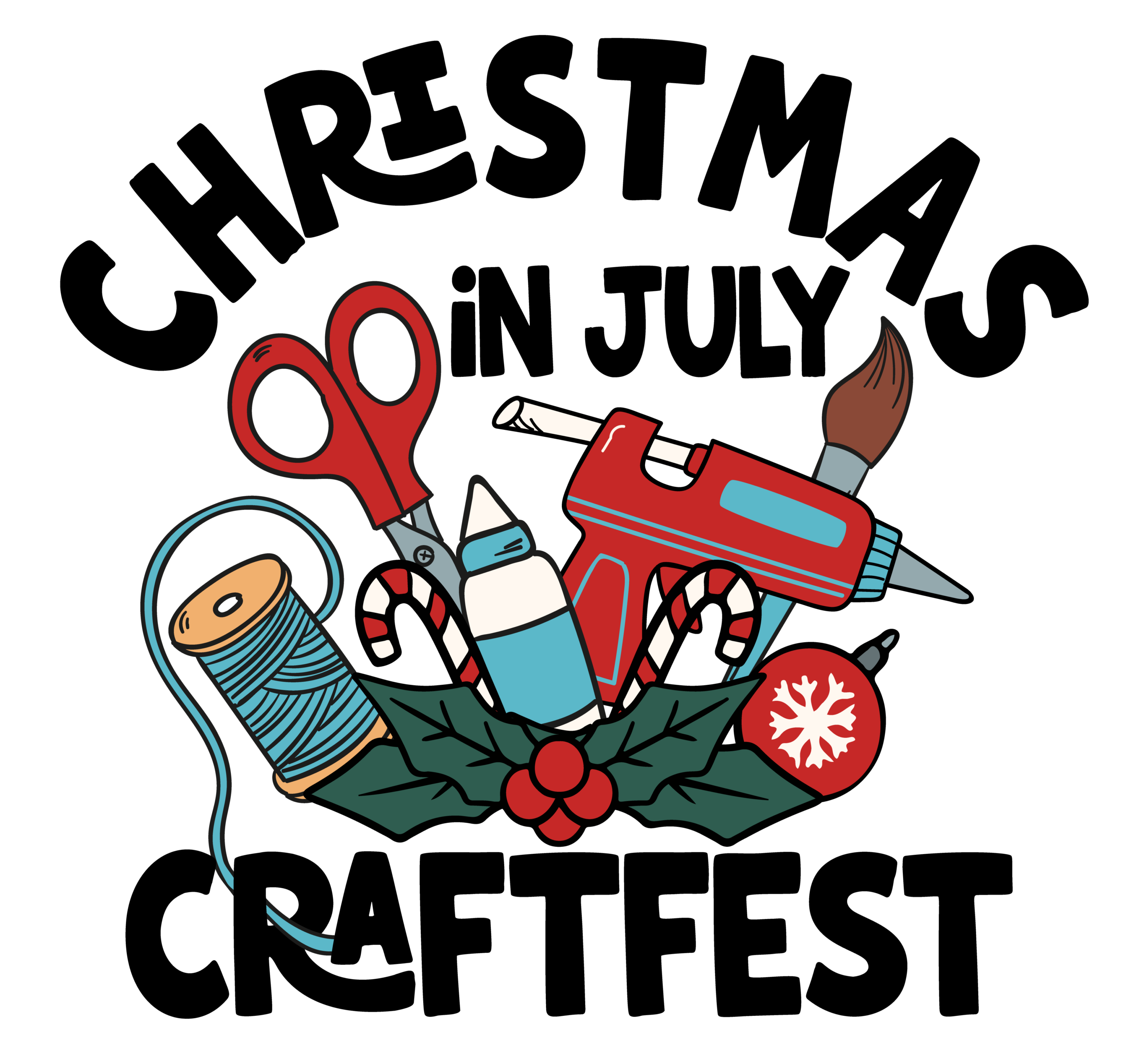 A festive Christmas crafting illustration featuring a collection of holiday-themed craft supplies arranged together on a black background. The design includes a red pair of scissors, a red and blue hot glue gun, a spool of blue string with loose string curling outward, a blue and white craft glue bottle, and a brown paintbrush. Two red-and-white striped candy canes are tucked between the supplies. At the bottom of the arrangement are dark green holly leaves with bright red berries in the center. A red Christmas ornament with a white snowflake design hangs on the right side of the illustration. The overall design has a playful hand-drawn style with bold outlines and classic Christmas colors.