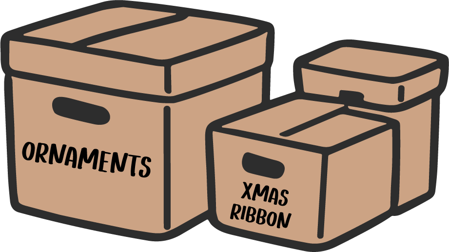 Illustration of three labeled Christmas storage boxes in a simple doodle style. The tan boxes with bold black outlines are labeled "Ornaments" and "Xmas Ribbon," representing holiday decoration storage and Christmas organization. The graphic has a clean, minimalist design with a transparent background.