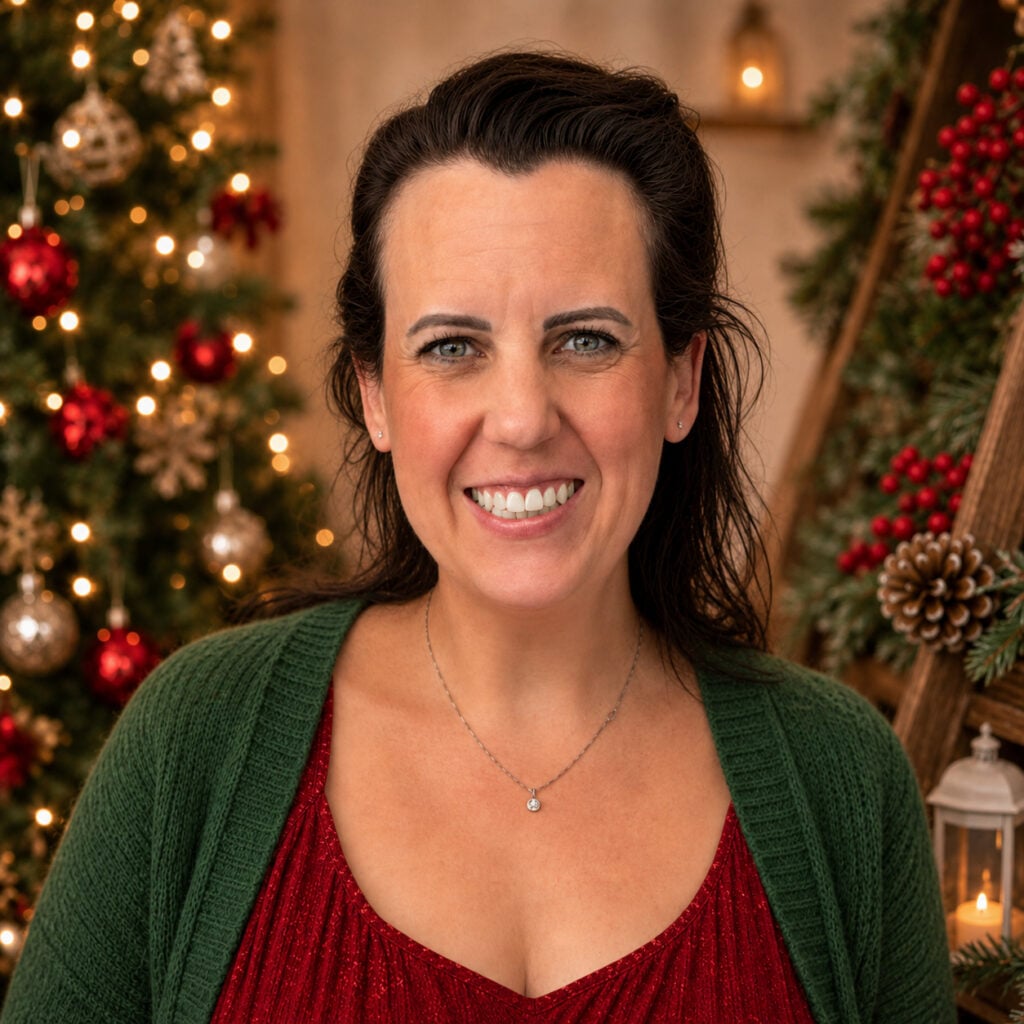Smiling woman with dark hair wearing a red shimmer top and green cardigan, standing in front of a warmly lit Christmas background with decorated trees, red ornaments, greenery, pinecones, and glowing holiday lights.