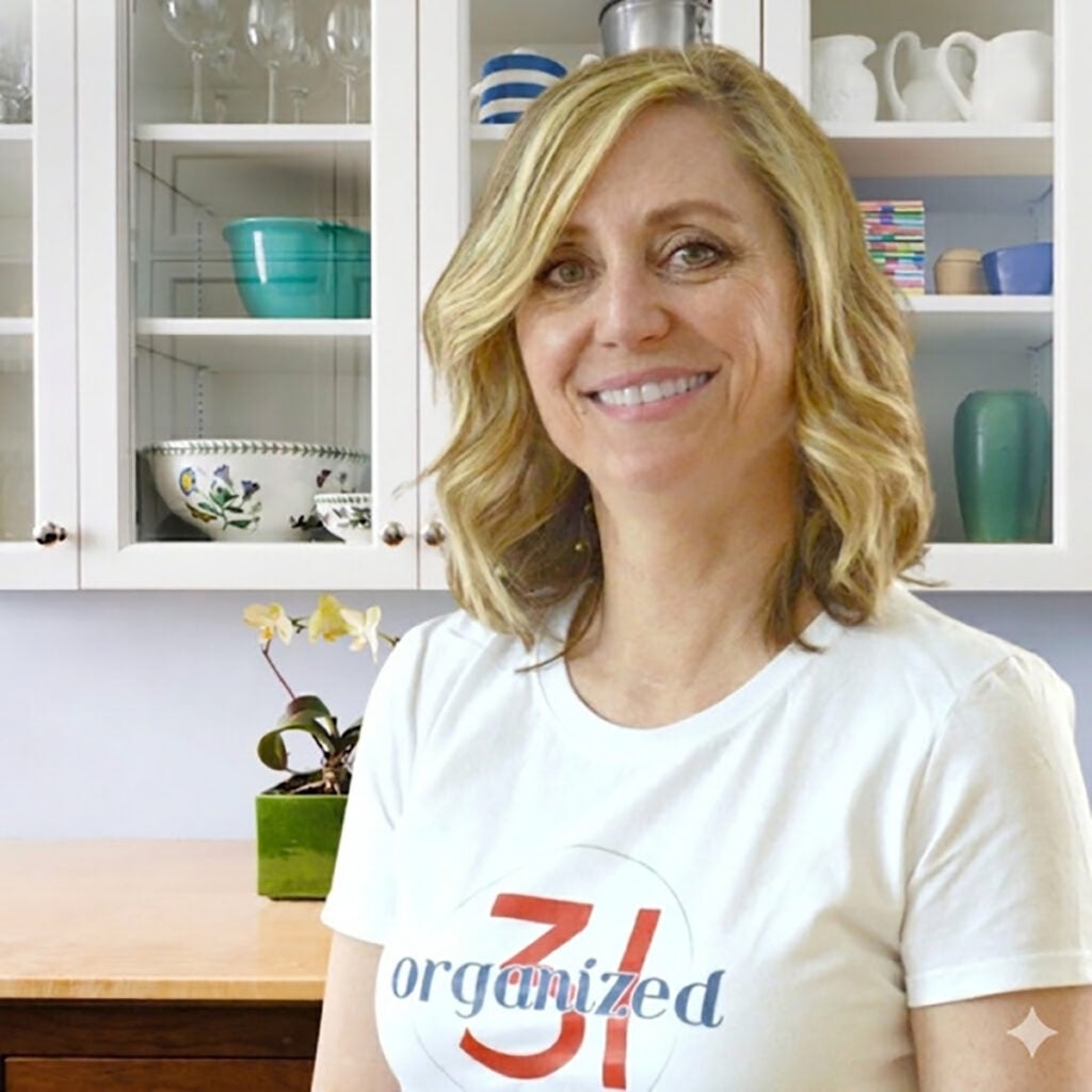 Smiling woman wearing an Organized 31 t-shirt in a bright kitchen setting.